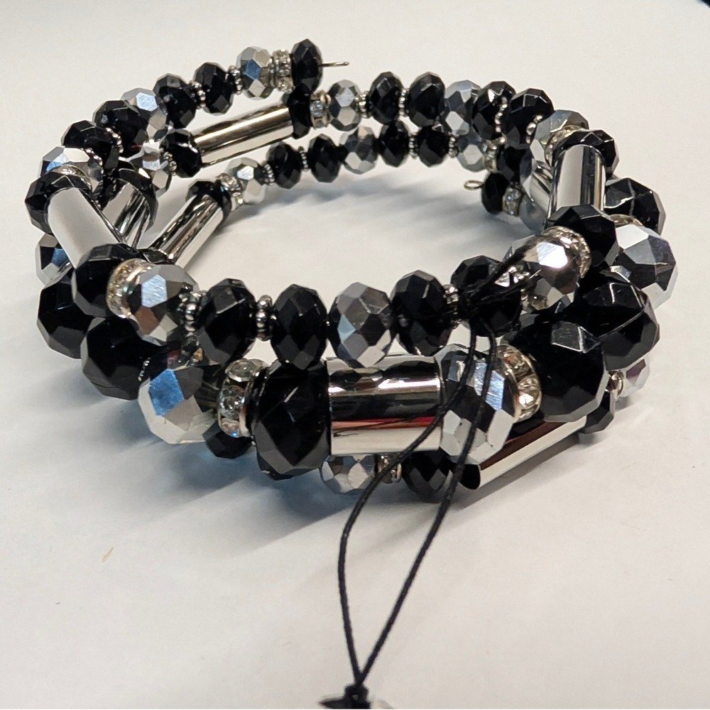New Beaded Wrap Memory Bracelet‎ Black SilverTone 3 Row Rhinestone Crystal Glass